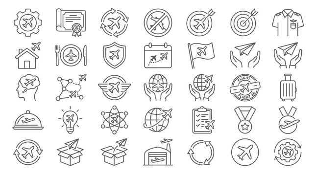 A vector set of black outline icons depicting various symbols and objects in a single line on white background