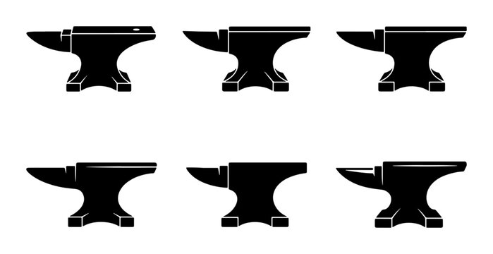 Blacksmith Anvil Icons Set, Metalworking Tool Vector Graphics, Forge Equipment Collection