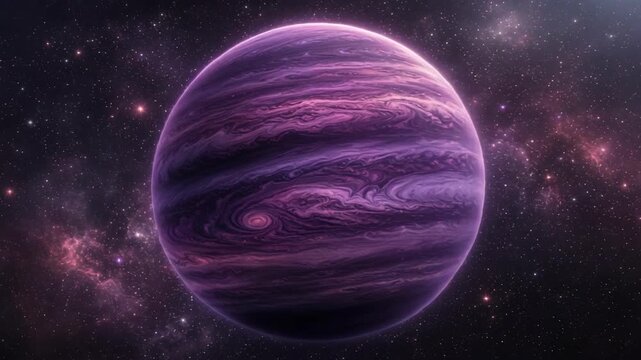 A glowing purple gas giant planet with swirling cloud patterns in space