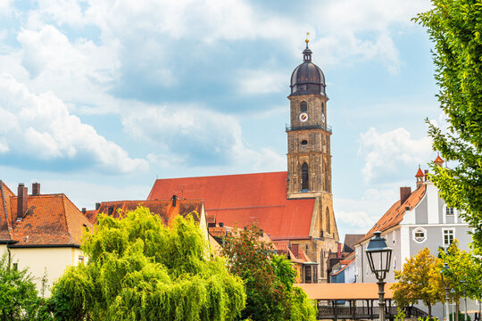 Historic church tower above old town roofs in Amberg Germany