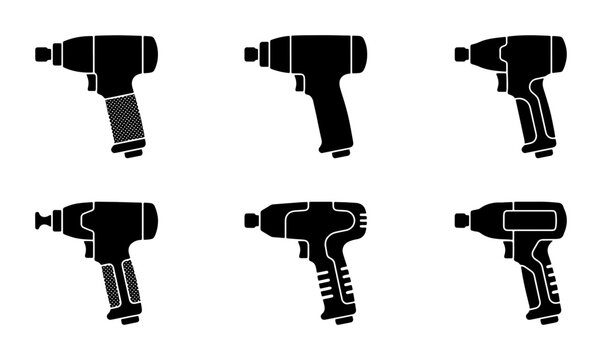 Impact Driver Icons Set, Power Tool Vector Graphics, Industrial Equipment Silhouettes