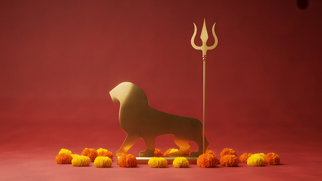 Golden lion silhouette with trident and marigold flowers on red background