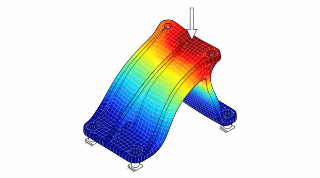 Finite element analysis schematic showing stress distribution on a metal bracket under load