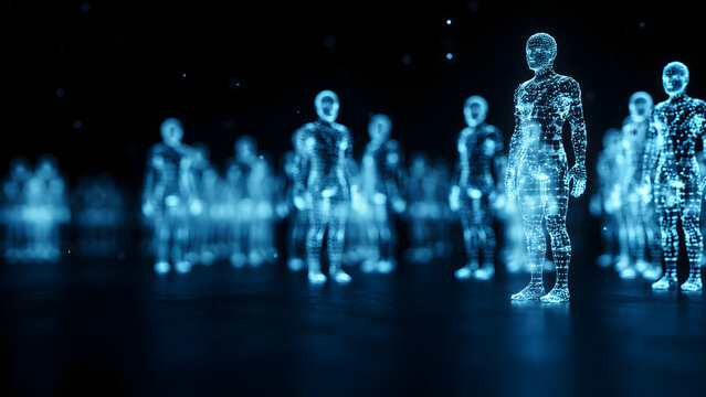 High-level digital illustration of glowing humanoid figures representing artificial intelligence and data connectivity in a dark virtual space
