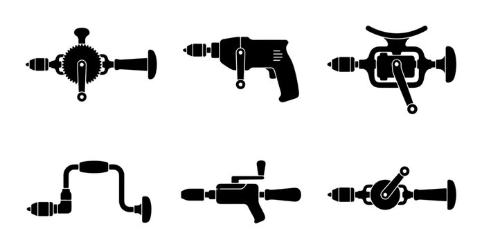 Vintage Hand Drill Silhouettes, Antique Manual Drill Icons, Retro Power Tool Vector Set