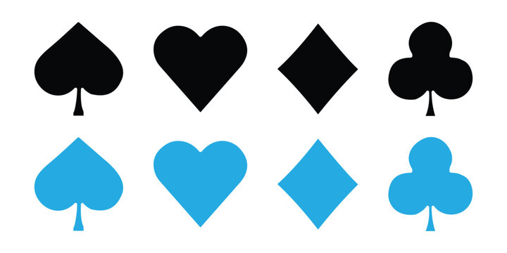Playing Card Suits Vector Icon Set, Spade Heart Diamond Club Outline and Silhouette Collection for Casino, Poker and Card Game Design Isolated on White Background