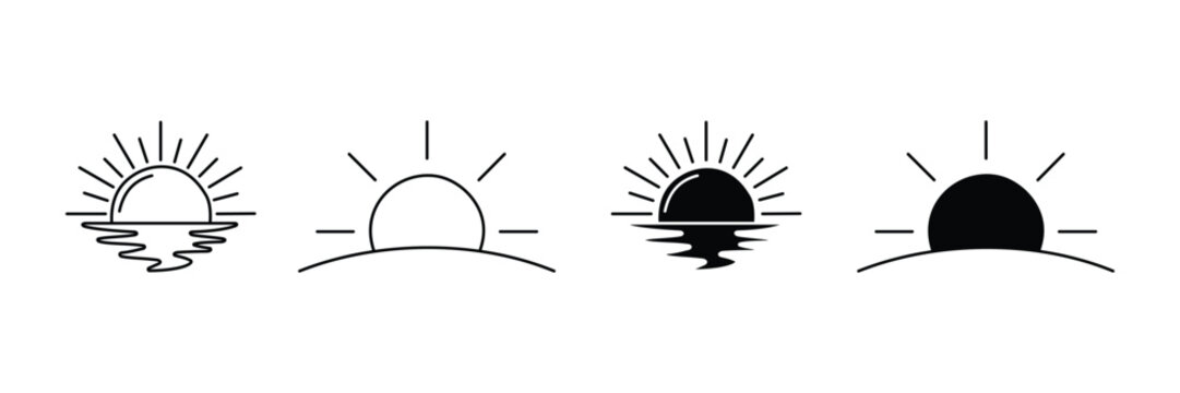 Sunrise and Sunset Vector Icon Set, Rising Sun Horizon Outline and Silhouette Collection for Nature, Weather, Travel and Landscape Design Isolated on White Background