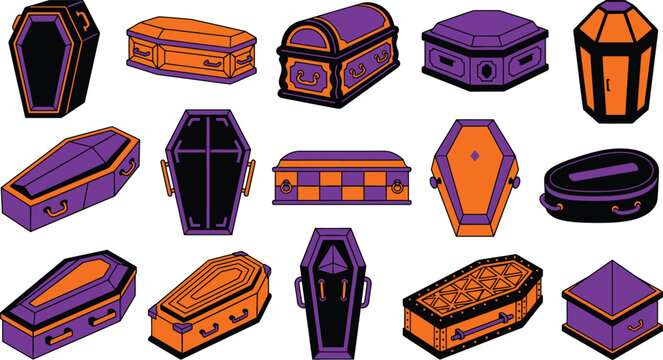 Spooky halloween coffins and chests collection vector illustration for creepy designs