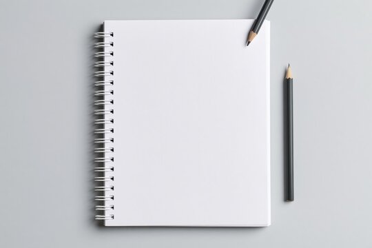 Notebook with spiral binding and pencil on a blank paper notepad for office mockup