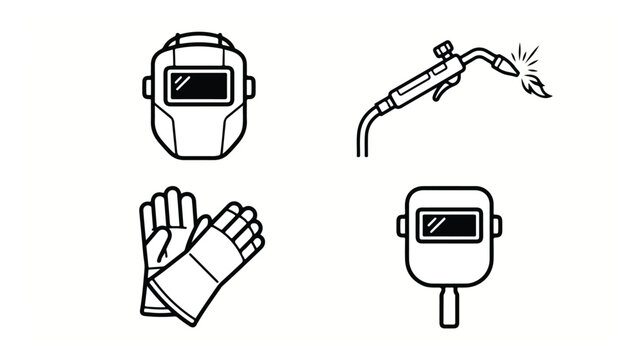 Welding equipment icon set, industrial metalwork safety gear vectors, professional welder mask and torch line art, 4 protective workwear elements