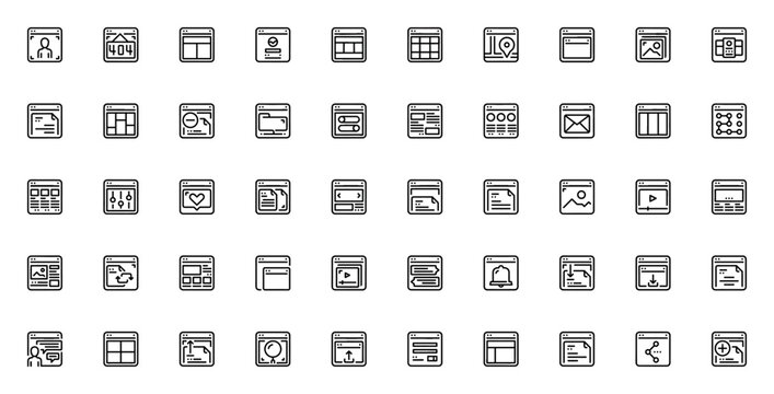 Browser and interface icon set. Minimal web vector icons pack. Includes symbols for browser, navigation, tabs, windows, and more. Editable vector stroke.