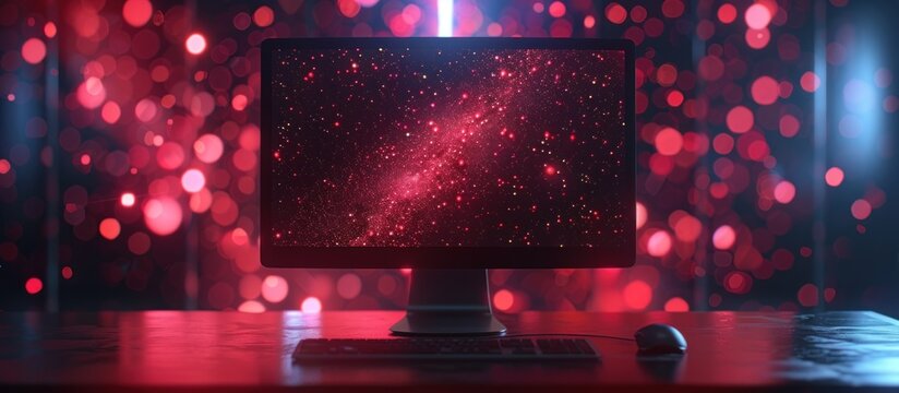 A computer monitor displaying a red galaxy background on a desk with a keyboard and mouse.