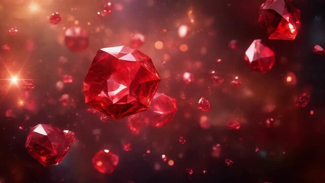 Close-up of sparkling red gemstones floating in a vibrant red background