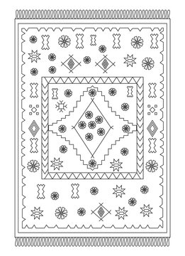 Coloring page of a traditional oriental rug with geometric ornaments.