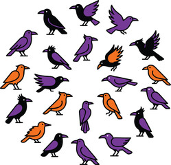 Fototapeta premium Halloween ravens and crows circle spooky autumn bird illustration for festive designs