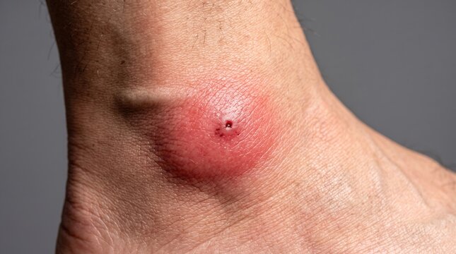 Close up of red inflamed skin bump from insect bite or furuncle boil on ankle