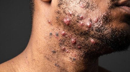 Fototapeta premium Close up of severe bacterial folliculitis and ingrown hair pustules on man neck beard area