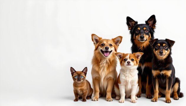A group of four dogs and one cat in a portrait arrangement. They are all standing upright, positioned from left to right with the cat on the far right