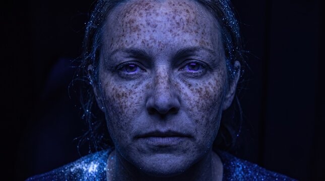Close up portrait of woman face showing hyperpigmentation and freckles under blue UV light