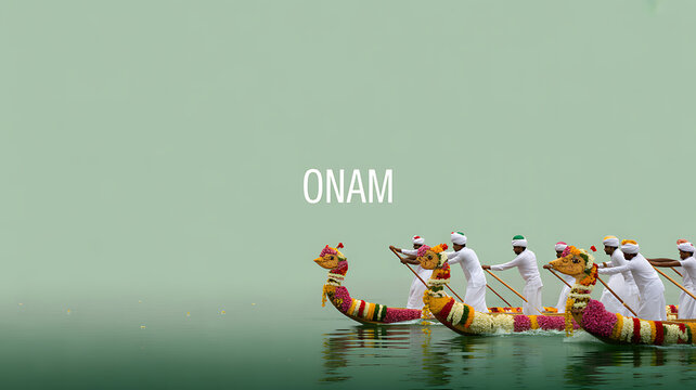 Traditional snake boat race during Onam festival with rowers in white attire on a calm water body