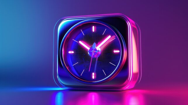 A futuristic, glowing clock face with pink and blue neon lights on a dark background.