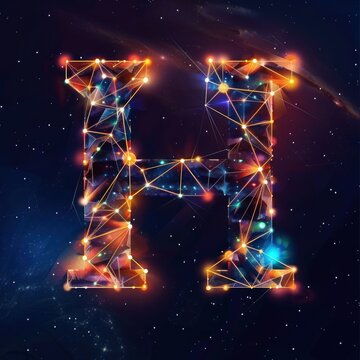 A glowing, stylized letter 'H' formed by interconnected lines and dots in a cosmic background.
