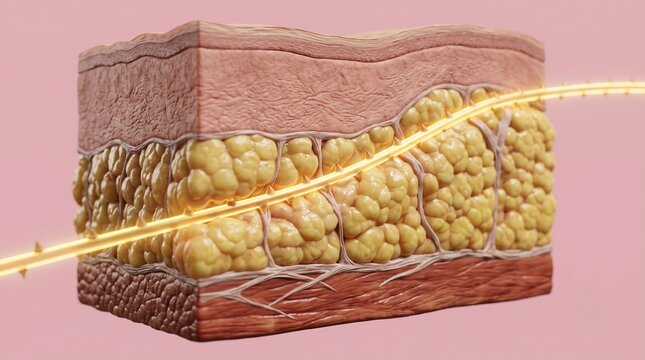 3D cross section illustration of barbed polydioxanone PDO thread lifting subcutaneous fat cells