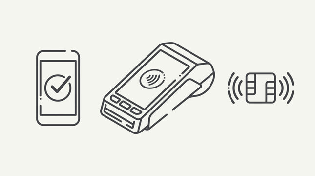 Minimalist line vector icons representing contactless payment technology with smartphone POS terminal and electronic chip for digital transactions