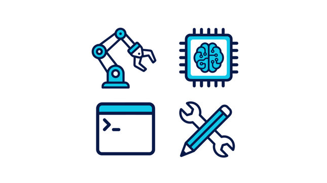 Robotics and artificial intelligence icon set featuring industrial robotic arm, AI microchip brain, software coding terminal, and engineering design tools.