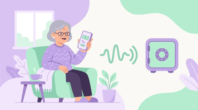 Happy elderly woman sitting in an armchair using a mobile app with voice command to manage her savings and secure safe.