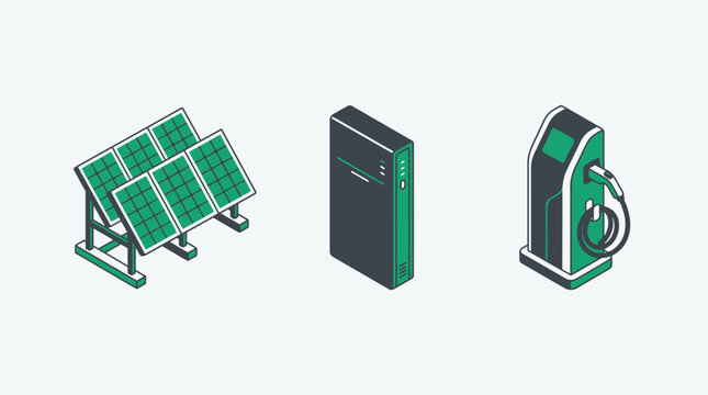 Isometric set of renewable energy icons featuring solar panels, home battery storage system, and electric vehicle charging station for sustainable power management.