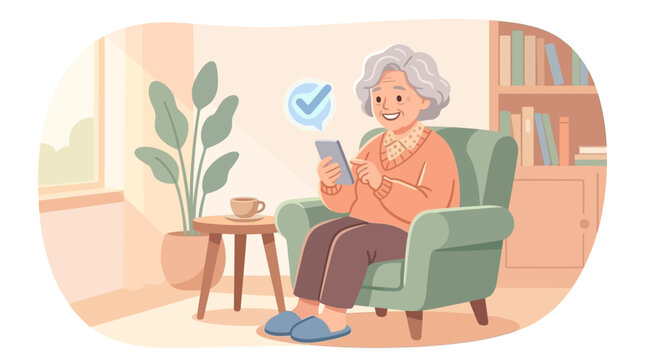 Happy elderly woman sitting in a cozy armchair using a smartphone with a blue checkmark icon for digital communication and technology literacy.