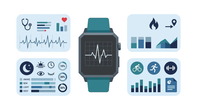 Sophisticated Smartwatch UI Dashboard Design with Health Tracking Metrics and Fitness Data Visualization Panels