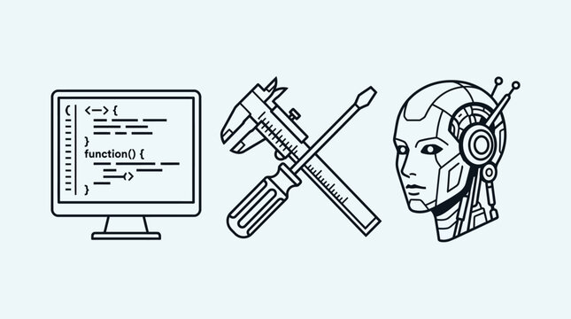 STEM Education Icons Featuring Computer Programming Code Engineering Tools and Futuristic Robot Head for Artificial Intelligence Concepts