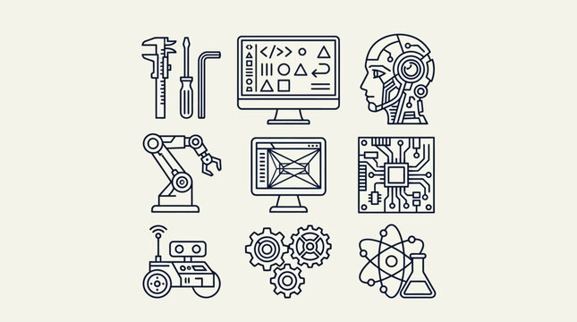 STEM and Robotics Vector Icon Set for Education, Artificial Intelligence, Engineering Tools, Coding, Industrial Automation, and Scientific Research Symbols
