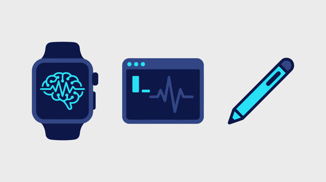Healthcare technology icons set featuring a smartwatch with brain activity monitor, digital medical dashboard, and stylus pen for data entry