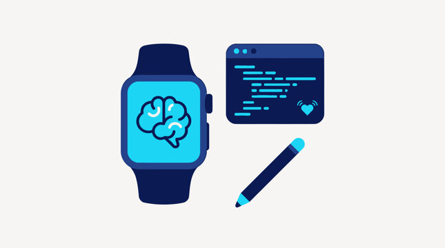 Modern healthcare application UI dashboard illustration featuring a smartwatch with brain icon and digital health data interface.
