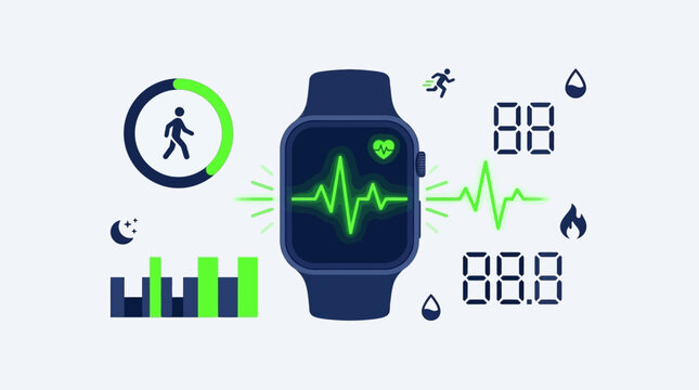 Smartwatch health tracking dashboard interface with heart rate monitor and fitness activity icons for medical and wellness monitoring.