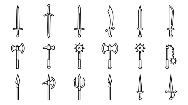  Medieval Fantasy Weapon Outline Collection Sword Axe Icon Art