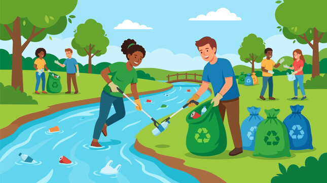 Diverse group of volunteers cleaning up plastic waste and trash from a river in a public park to protect the environment