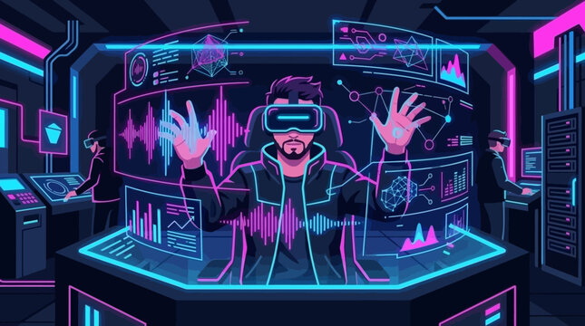 Futuristic man wearing virtual reality headset interacting with digital holographic data interfaces in a neon cyberpunk workspace