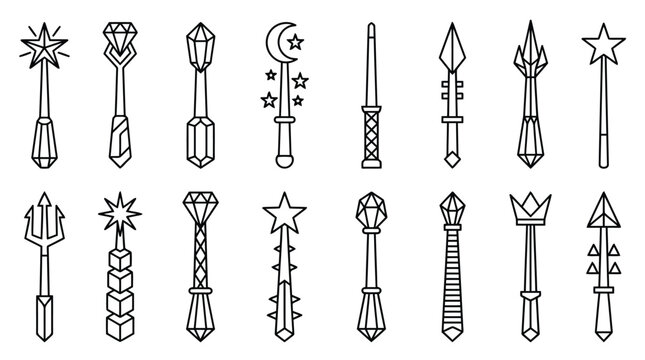 Fantasy Magic Wand Scepter Outline Collection Line Art