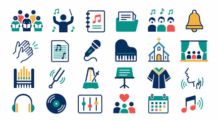 Colorful flat icons representing music and community activities. © Gakih
