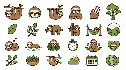 Obraz premium Cute Sloth Icons and Nature Elements Collection.