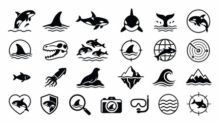 Black and white marine life and ocean icons collection. © Gakih