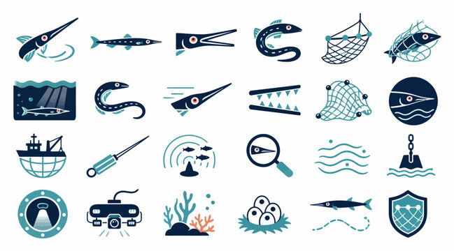 Collection of marine and fishing themed icons and symbols.