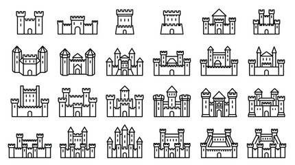  Medieval Castle Outline Collection Fortress Line Art © Pixelo