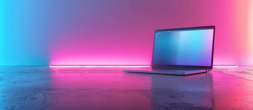A laptop sits on a reflective surface under vibrant blue and pink neon lights.