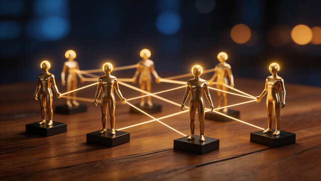 Golden human figures connected by lines