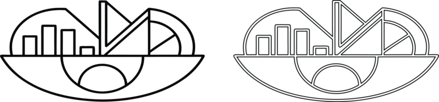 Abstract geometric eye with bar chart and circular segments, linear on a white background, set vision